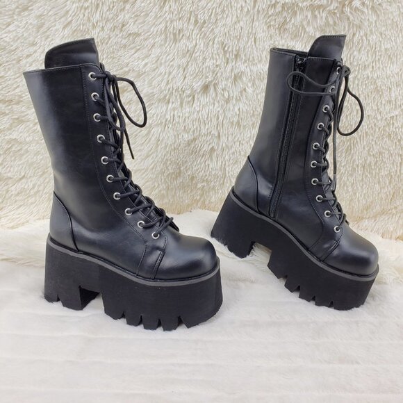 Ashes Black Matte Platform Goth Punk Mid Calf Combat Boots - Picture 2 of 14